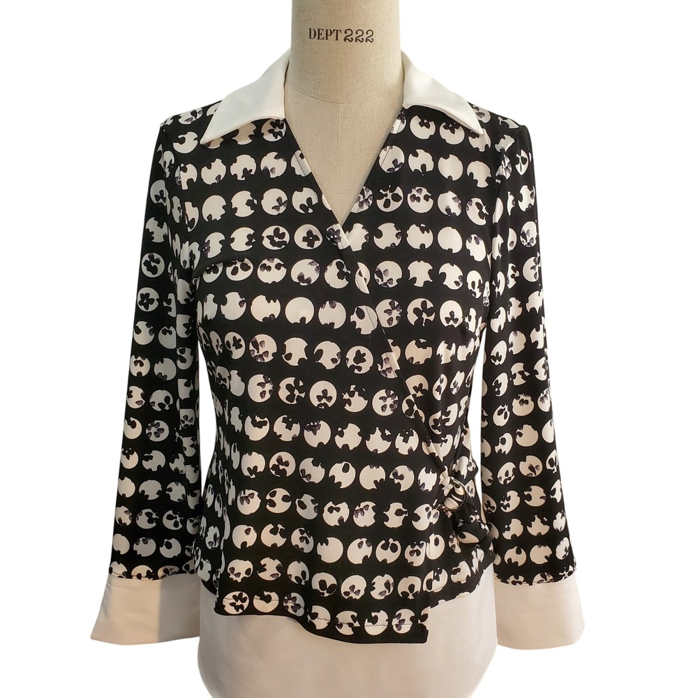 Joseph Ribkoff Floral Print Blouse Black‎ White Collar Wrap Top Career Size 6